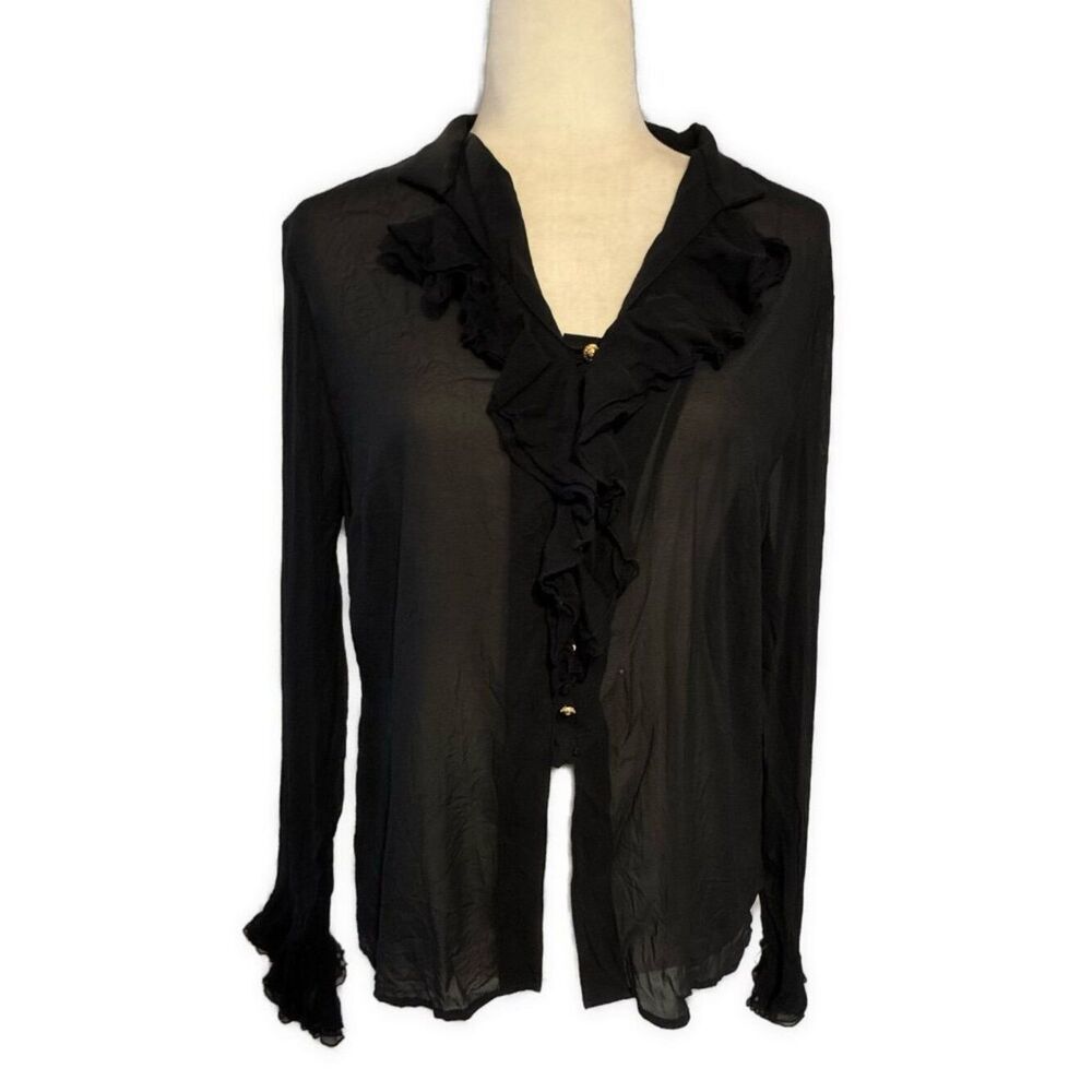 St John Collection Black Silk Sheer V Neck Long Sleeve Top Blouse 10 Medium